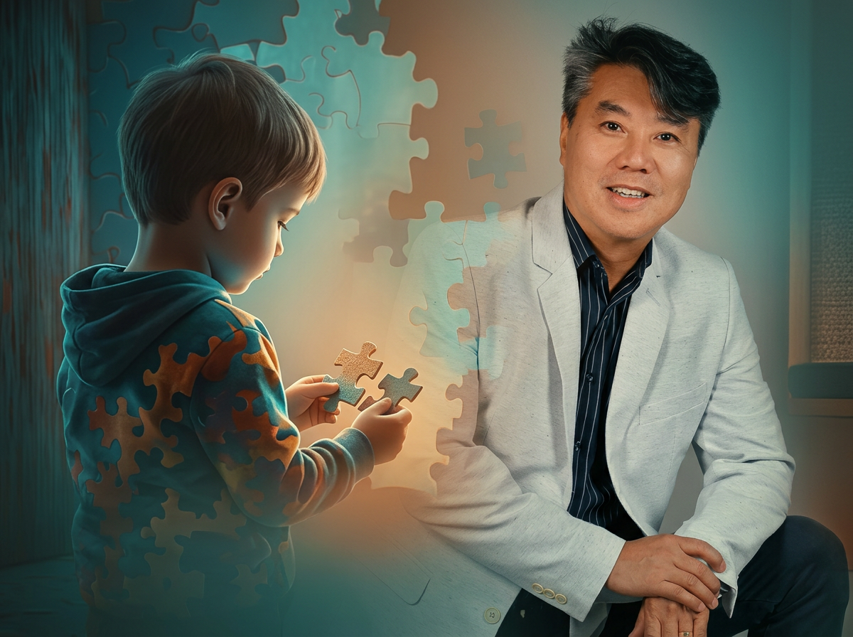 Montagem editorial: criança com TEA segurando peças de quebra-cabeça e Dr. João Yamasita